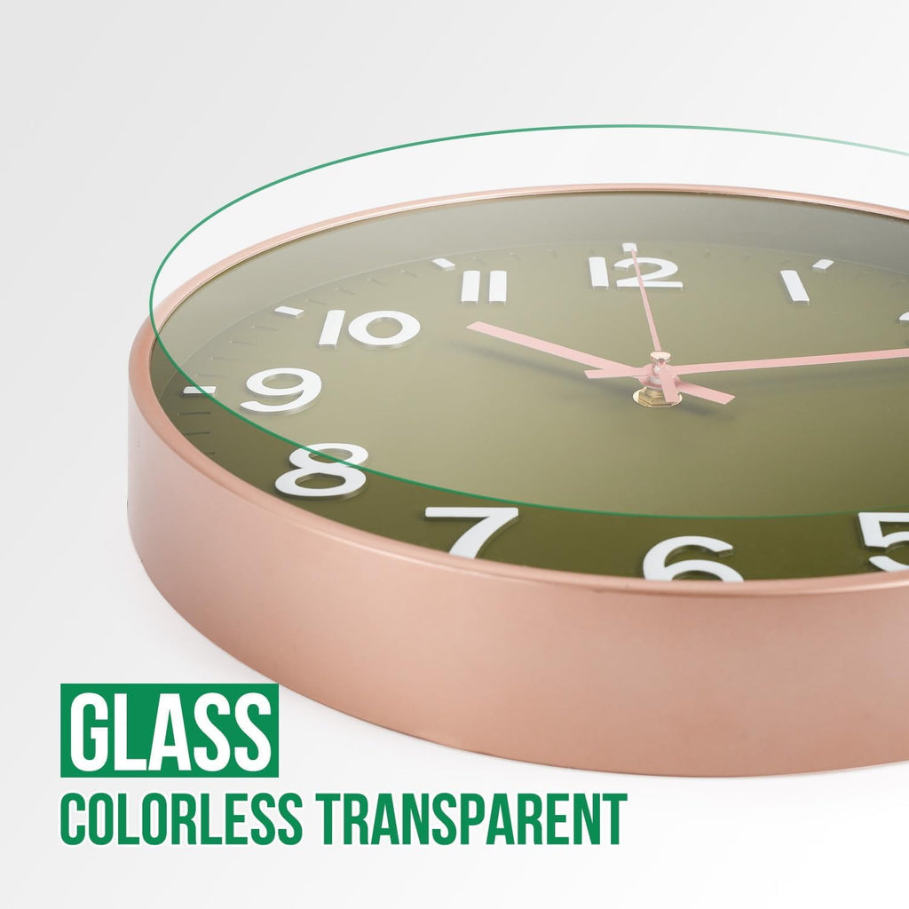 Sanmadrola Wall Clocks Battery Operated,12 inch Silent Non Ticking Modern Wall Clock for Living Room Bedroom Kitchen Office Classroom Decor Glass Front Olive Green with Gold Frame