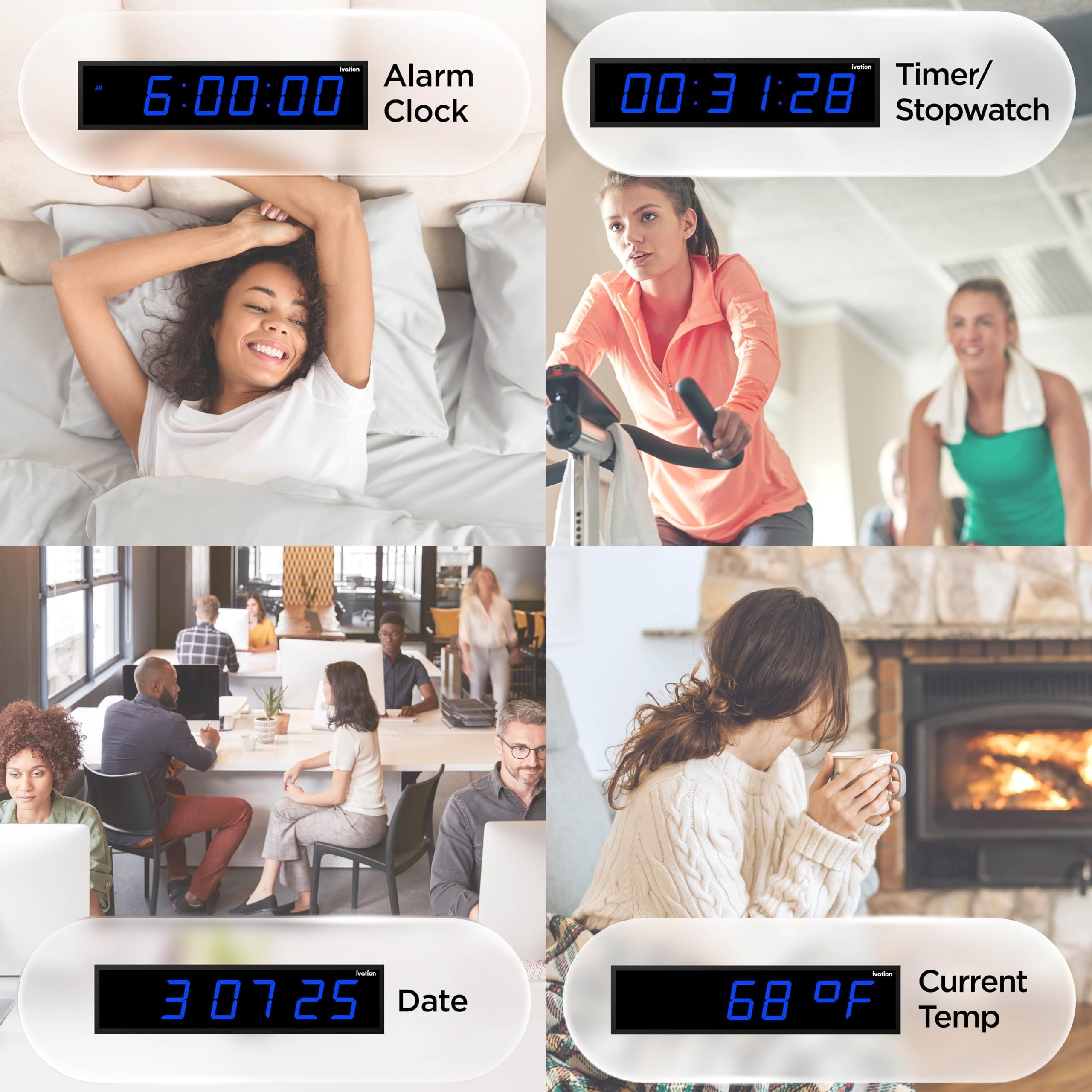 Ivation Large Digital Clock, 24" Led Wall Clock with Stopwatch, Alarms, Timer, Temp & Remote, Blue