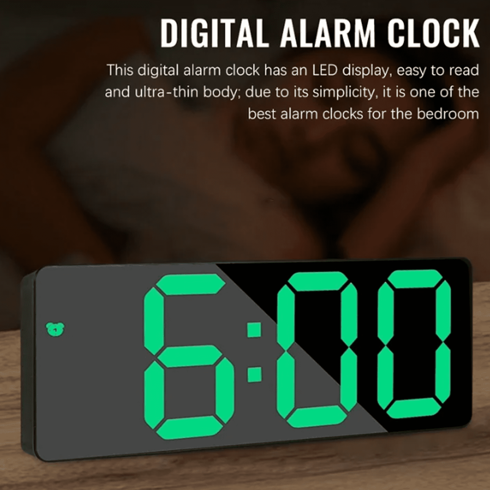 DESIGNICE Digital Clock,Large Display and Green Numbers Digital Clock Large Display,Voice Control,Snooze Function and USB/Battery Powered Digital Clock,Green Letter