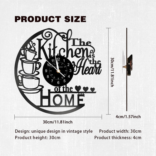 12 Inch Kitchen Vinyl Record Wall Clock, Kitchen Heat Home Theme Wall Clock, Coffee Bar Decor, Coffee Wall Decor for Office Living Room, for Women Wives, Black