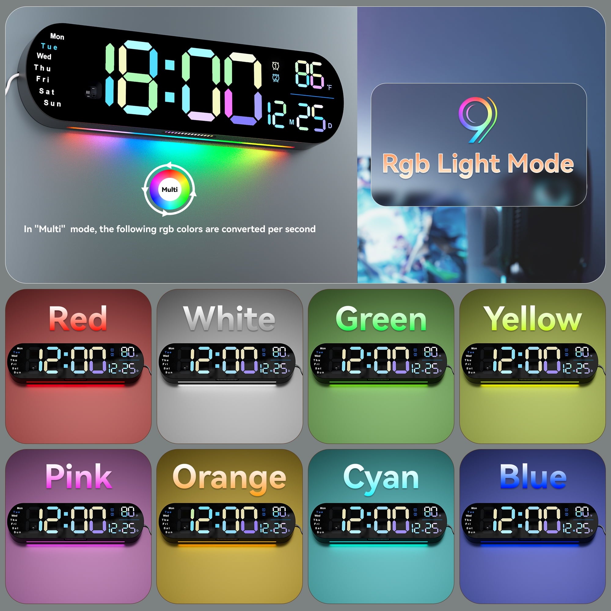 Sailstar 13.7’’ Large Digital Wall Clock with Dual Alarms and 10-Level Automatic Brightness Adjustment Remote Control to Easily Set The Wall Clocks, Colorful Wall LED Clock for Bedroom, Living Room