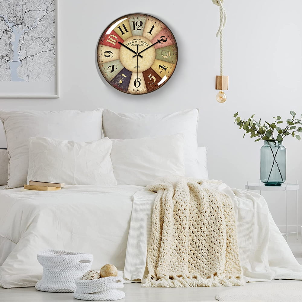 VOCOO Retro Wall Clock Glass Silent Classic Clock, 12 Inch Large Round Quartz Clock Battery Operated Non Ticking Easy to Read for Bedroom Living Room Kitchen Home Office