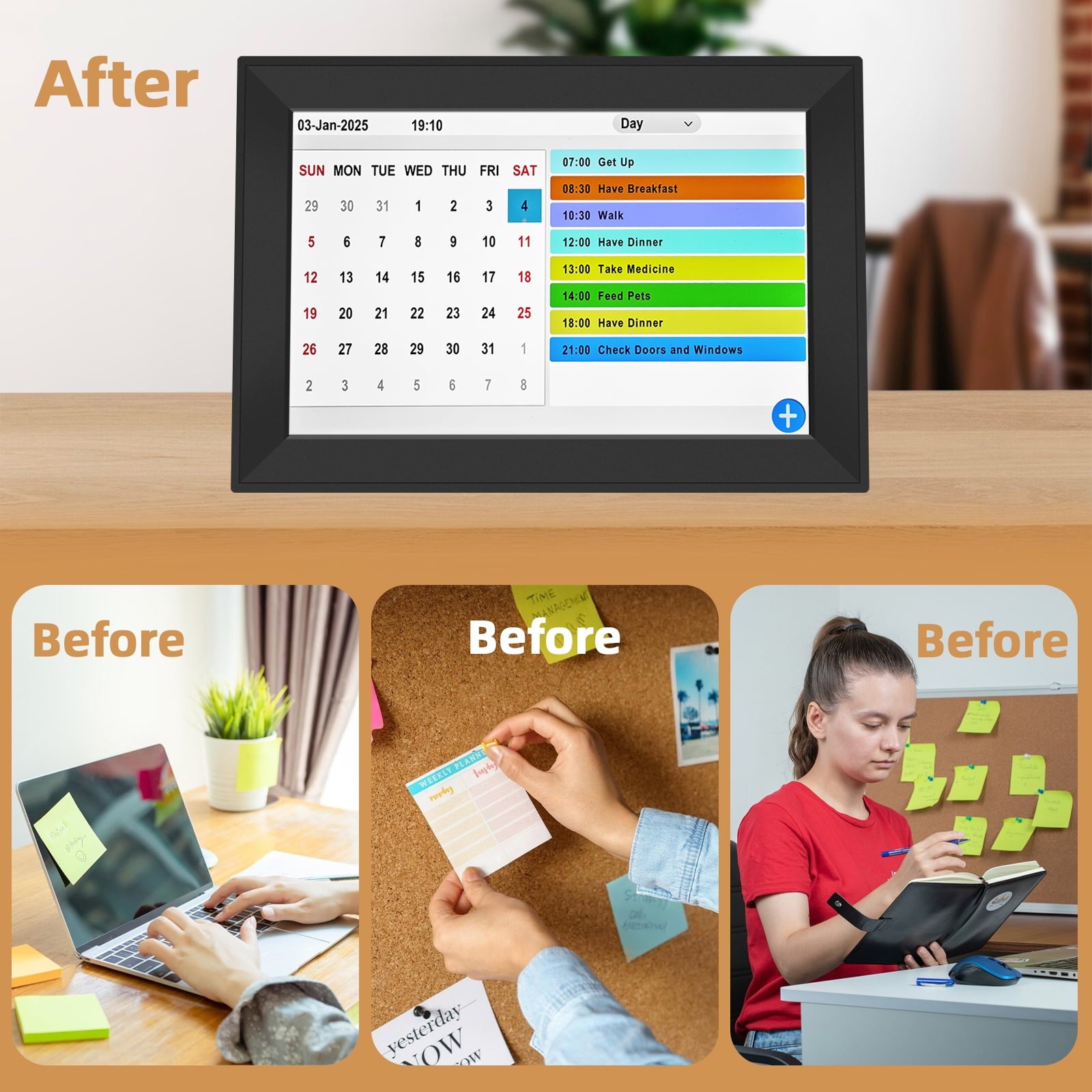 Jazeyeah WiFi 10.1" Touch Screen Smart Alarm Clock Auto-Sync Time & Date,7-Day Weather Forecast, 64 Custom Alarms, & Schedule Reminders (Black)