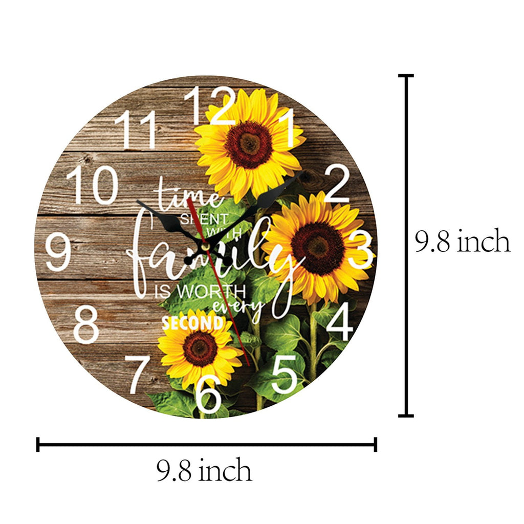 VOCOO 10'' Sunflower Round Wall Clocks, Wooden Silent Non Ticking Industrial Analog Clock for Kitchen Home Office Bedrooms (with Hook)