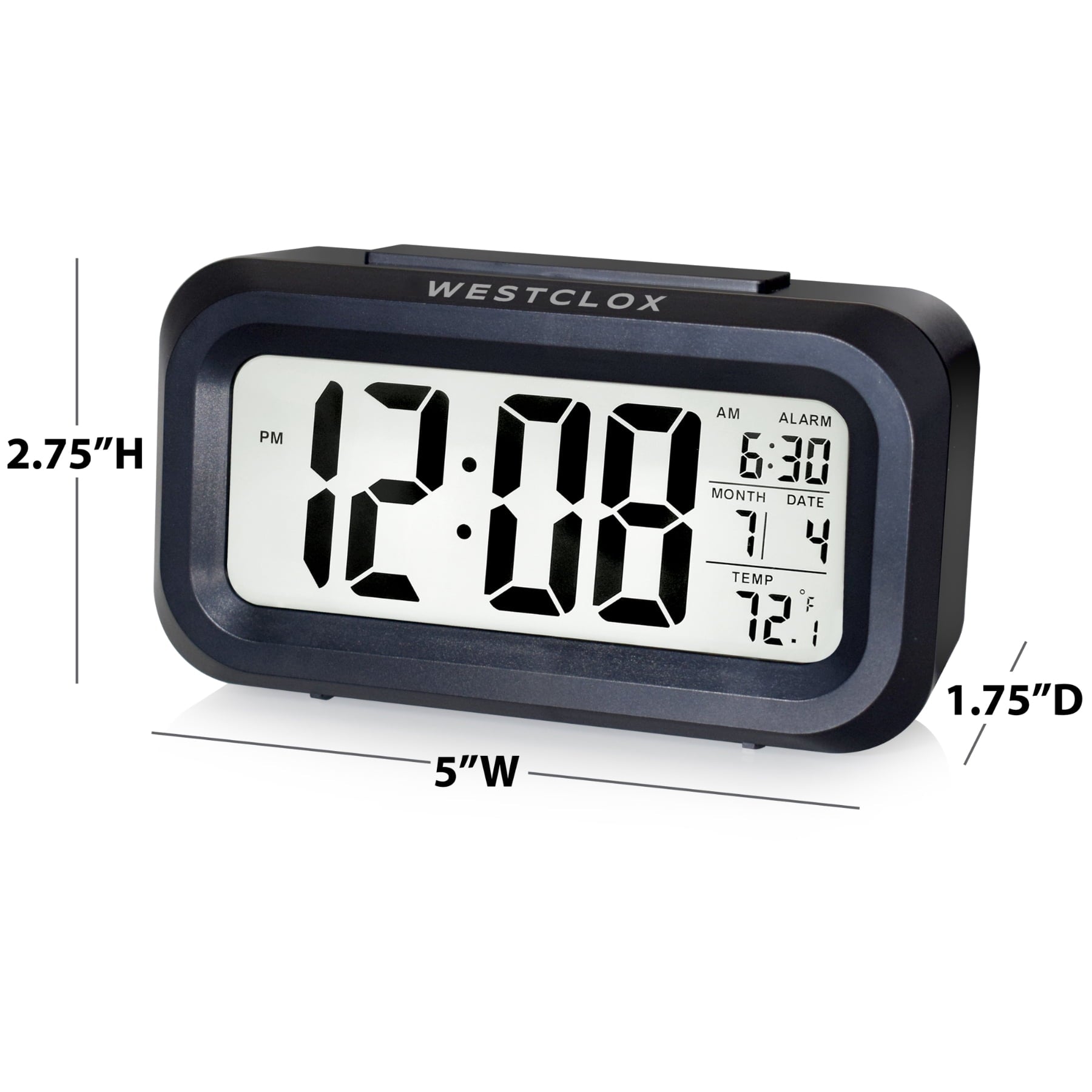 Westclox Black Digital Alarm Clock with Day/Date Display and LED Backlight- Battery Operated