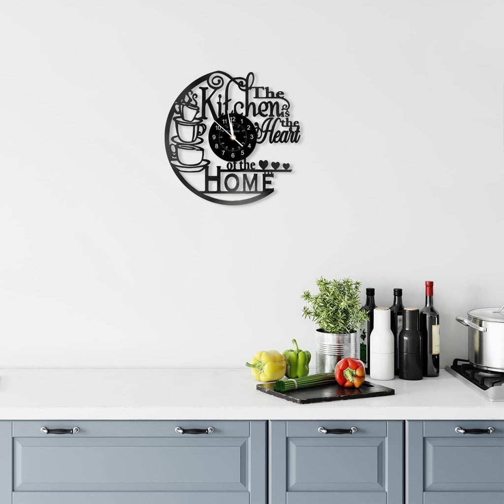 12 Inch Kitchen Vinyl Record Wall Clock, Kitchen Heat Home Theme Wall Clock, Coffee Bar Decor, Coffee Wall Decor for Office Living Room, for Women Wives, Black