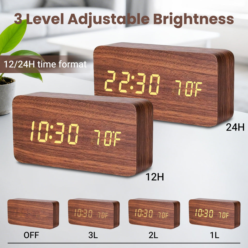 DAYBETTER Wooden Digital Alarm Clocks for Bedrooms, USB Port & Battery Powered, Loud Alarm Clock for Heavy Sleepers,Dimmer, 3 Alarms, Sound Control, Temperature, 12/24H