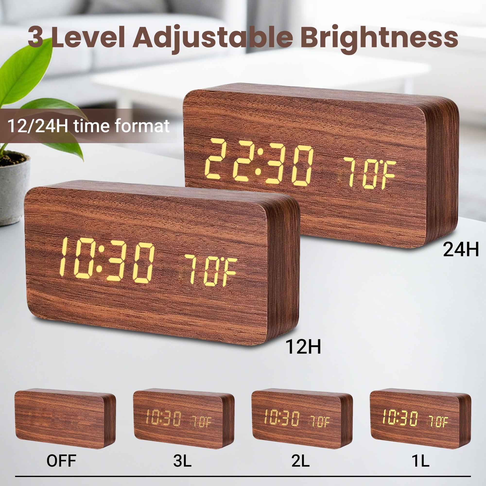DAYBETTER Wooden Digital Alarm Clocks for Bedrooms, USB Port & Battery Powered, Loud Alarm Clock for Heavy Sleepers,Dimmer, 3 Alarms, Sound Control, Temperature, 12/24H