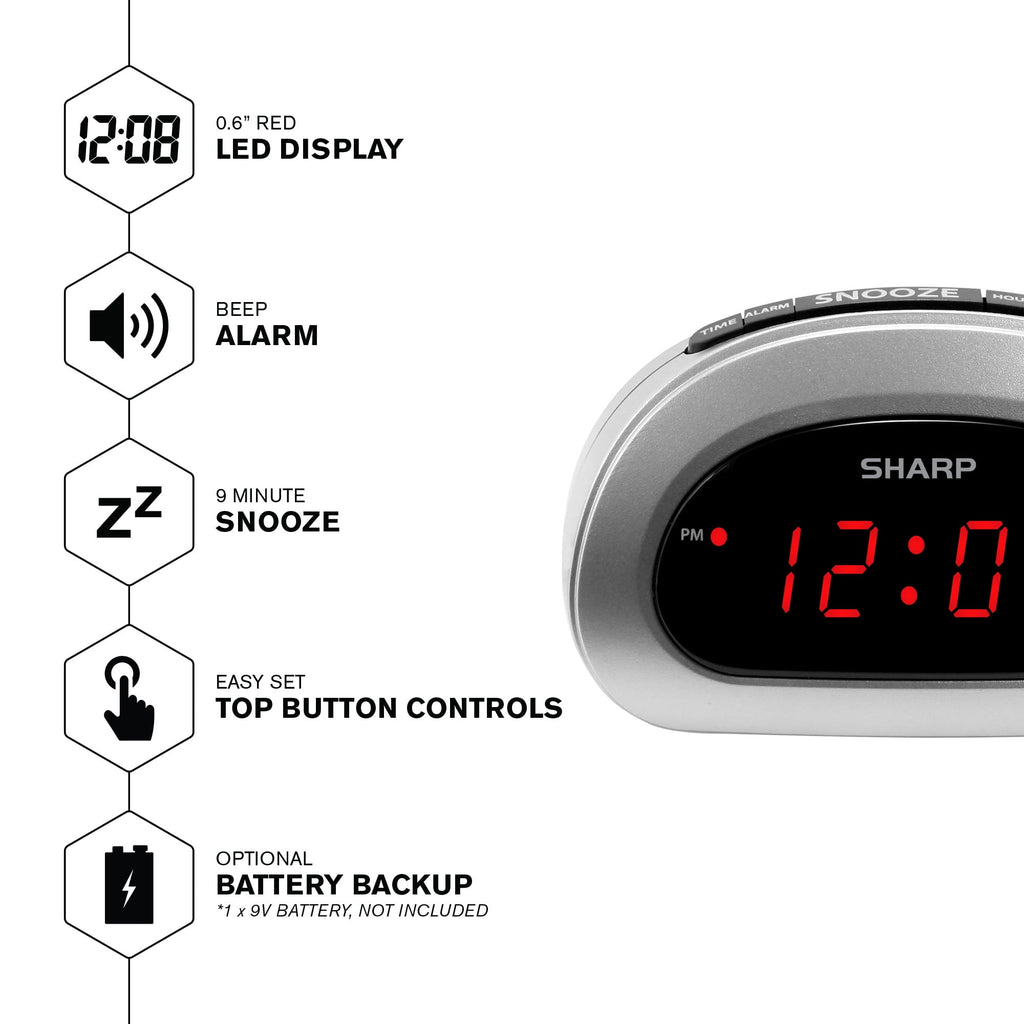 SHARP Digital Alarm Clock, Cosmic Silver, Easy to Set Controls, Red LED Display