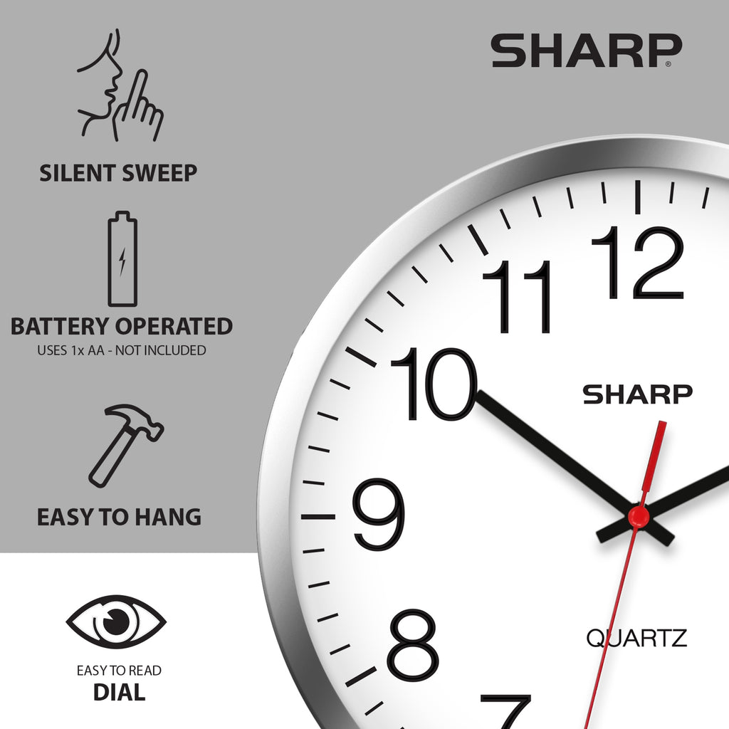 SHARP Wall Clock Silver/Chrome, Silent Non Ticking 10 Inch Quality Quartz Battery Operated Round Easy to Read Home/Kitchen/Office/Classroom/School Clocks, Sweep Movement