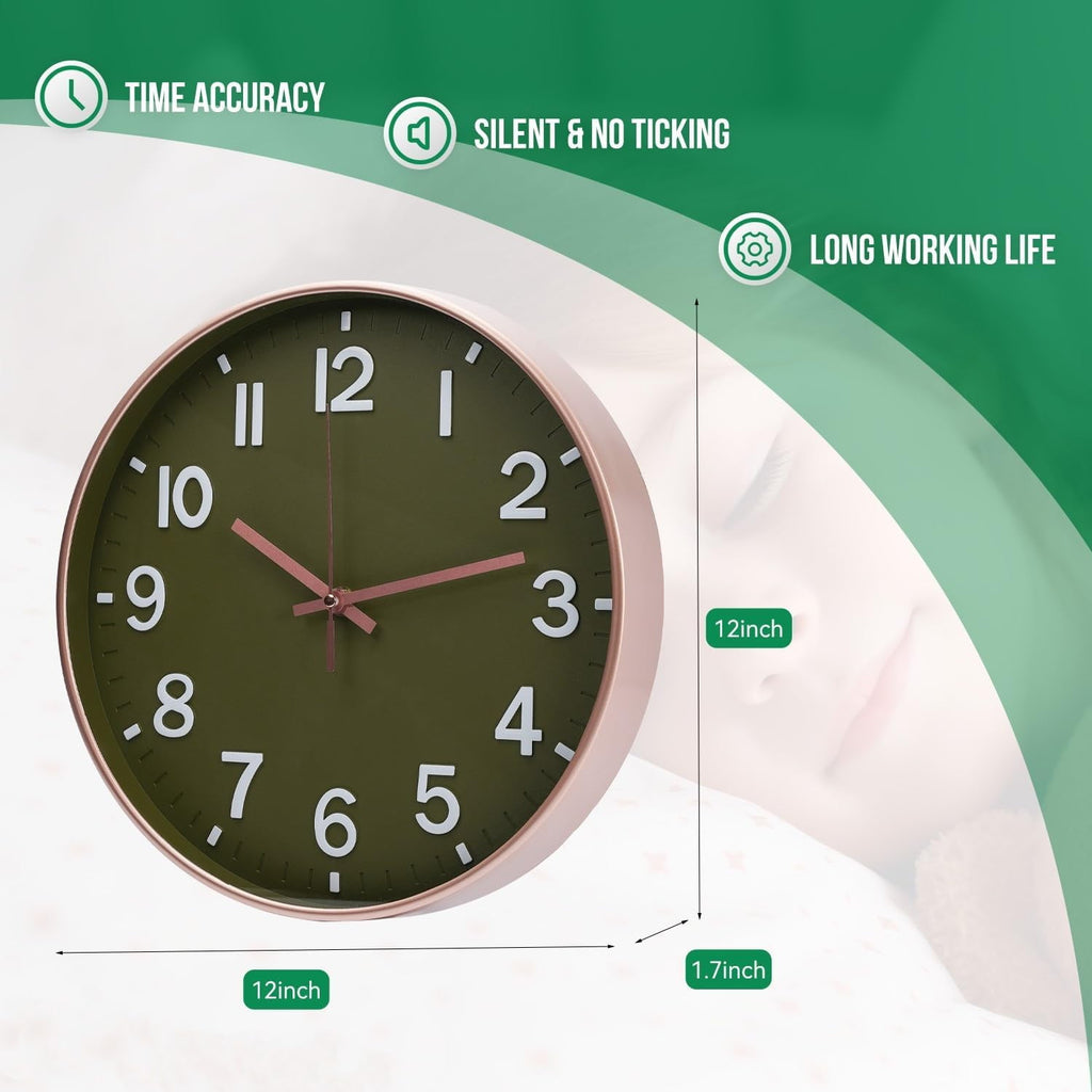 Sanmadrola Wall Clocks Battery Operated,12 inch Silent Non Ticking Modern Wall Clock for Living Room Bedroom Kitchen Office Classroom Decor Glass Front Olive Green with Gold Frame