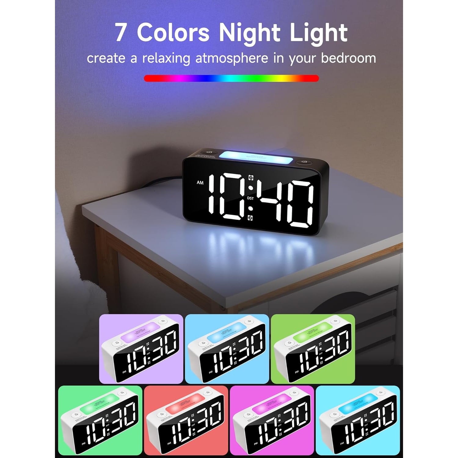Super Loud Alarm Clock for Heavy Sleepers Adults,Digital Clock with 7 Color NightLight,Adjustable Volume,Dimmer,USB Charger,Small Clocks for Bedrooms,Ok to Wake Up for Kids,Teens (White+RGB)