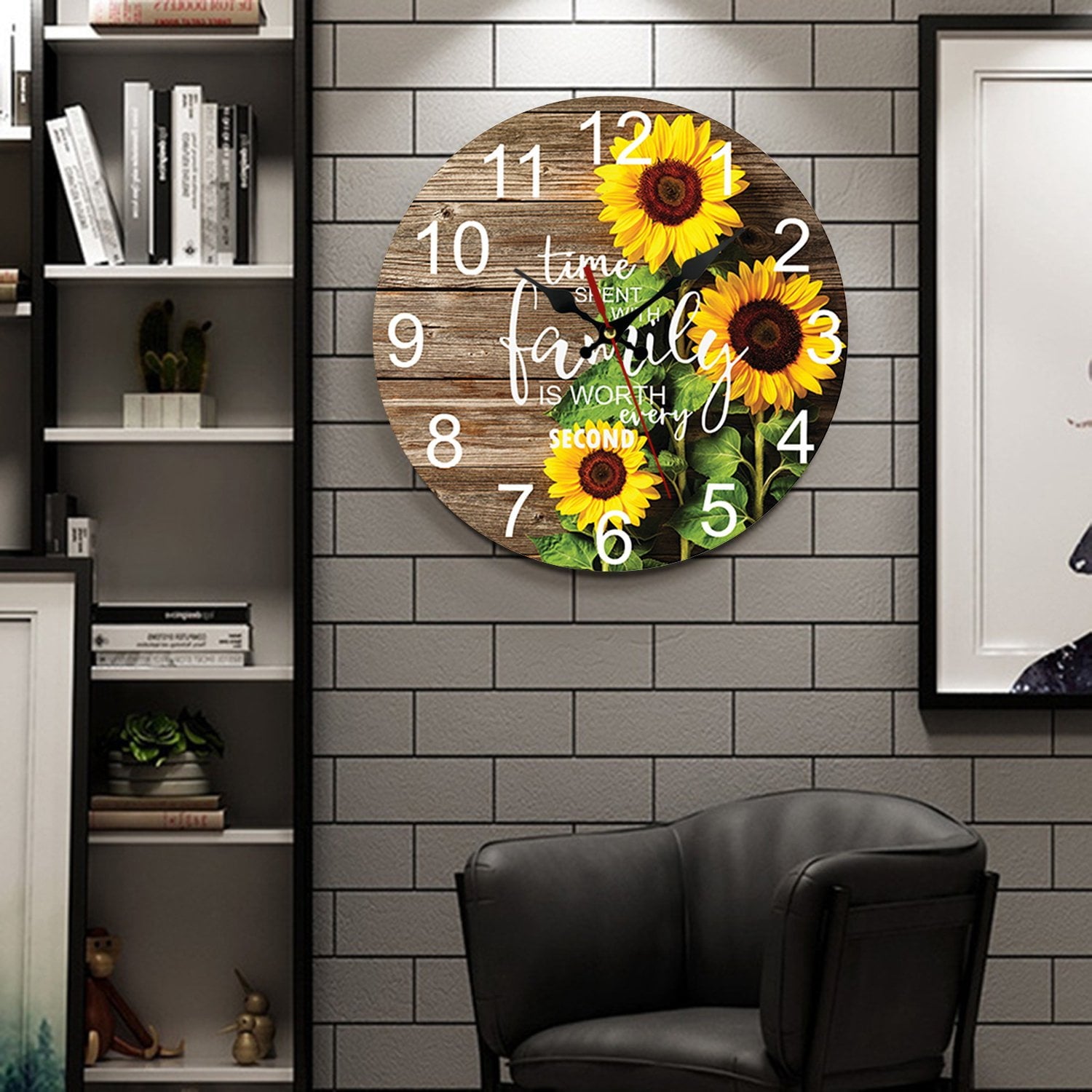 VOCOO 10'' Sunflower Round Wall Clocks, Wooden Silent Non Ticking Industrial Analog Clock for Kitchen Home Office Bedrooms (with Hook)