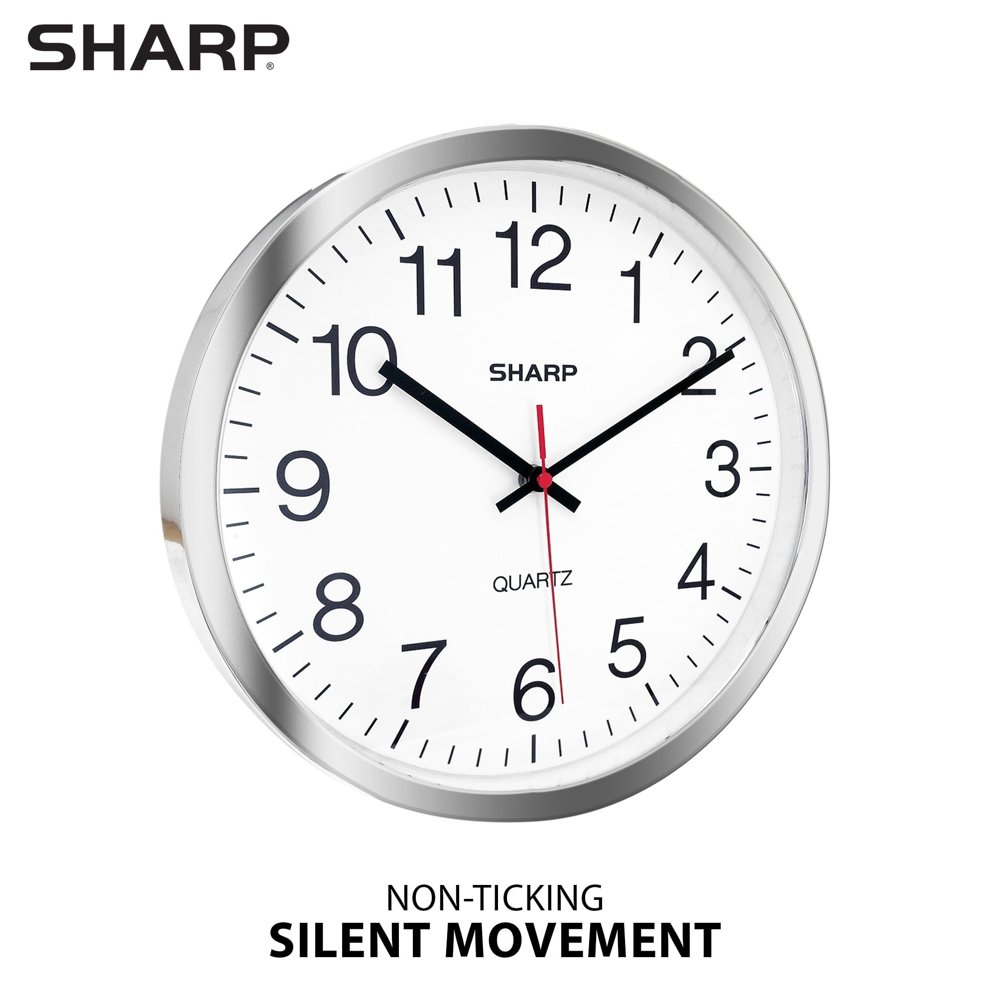 SHARP Wall Clock Silver/Chrome, Silent Non Ticking 10 Inch Quality Quartz Battery Operated Round Easy to Read Home/Kitchen/Office/Classroom/School Clocks, Sweep Movement