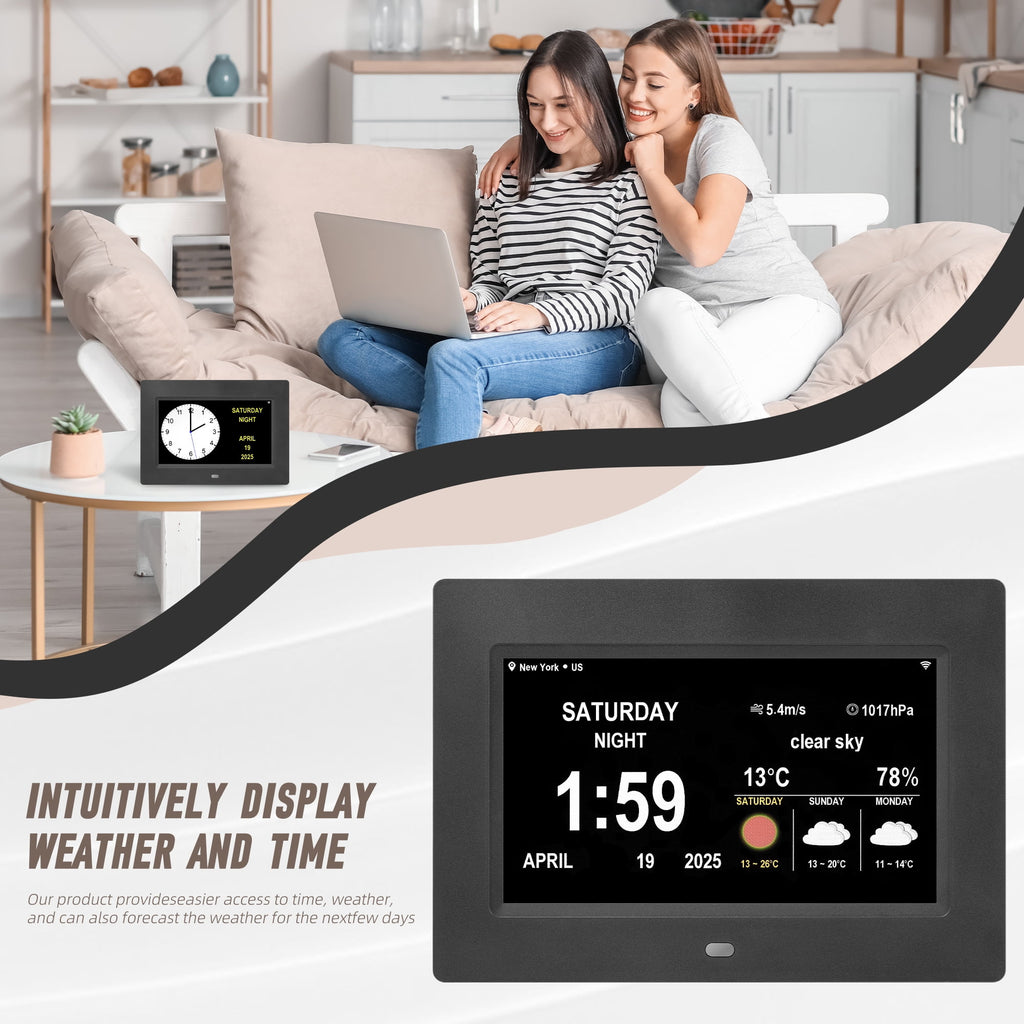 Memwake Multifunctional Large-Screen Digital Alarm Clock for Alzheimer's Patients with Date and Day of Week,Multiple Display Modes,7-inch Black