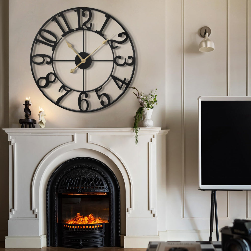 Arsvita  16 Inch Large Wall Clock, Silent Non-Ticking, Battery Operated Metal Clock, Oversized, Decorative Retro Clock for Farmhouse, Dinner and Living Room, Indoor, Outdoor(Black Arabic Number)