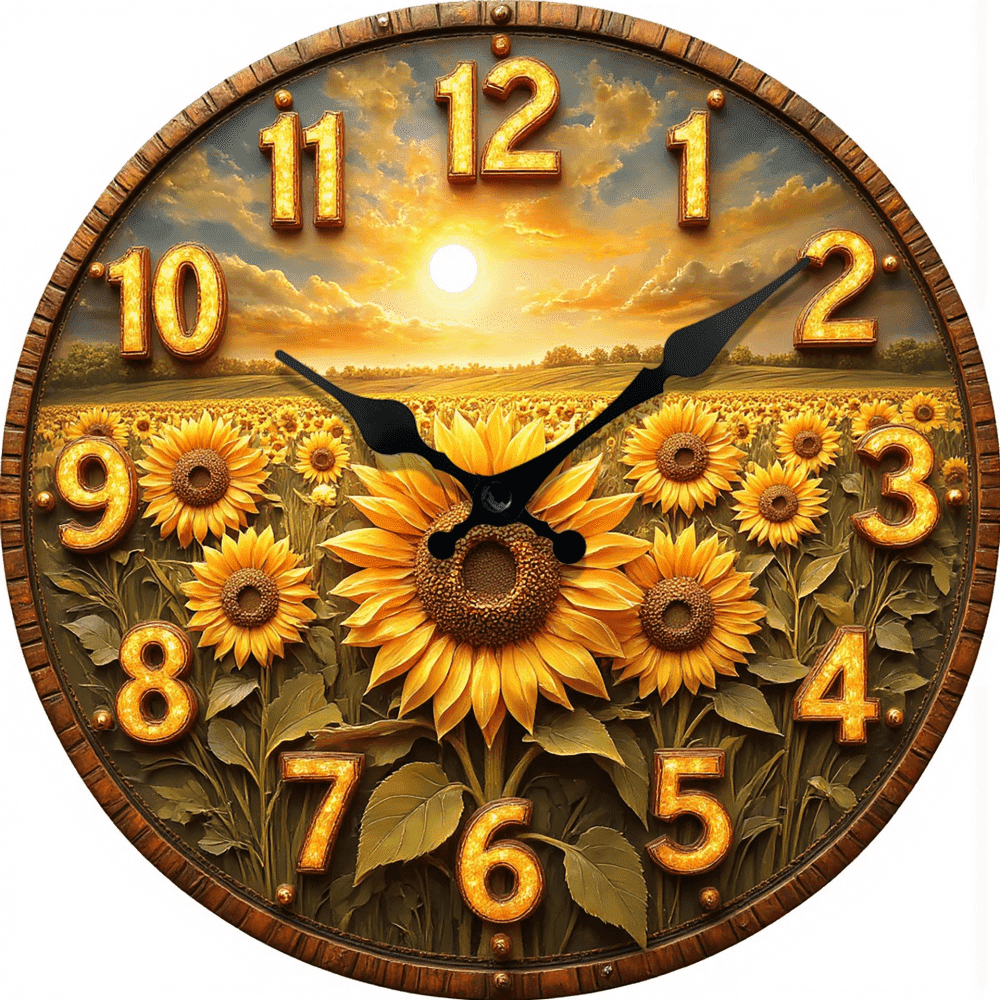 VOCOO 10'' Sunflower Round Wall Clocks, Wooden Silent Non Ticking Industrial Analog Clock for Kitchen Home Office Bedrooms (with Hook)