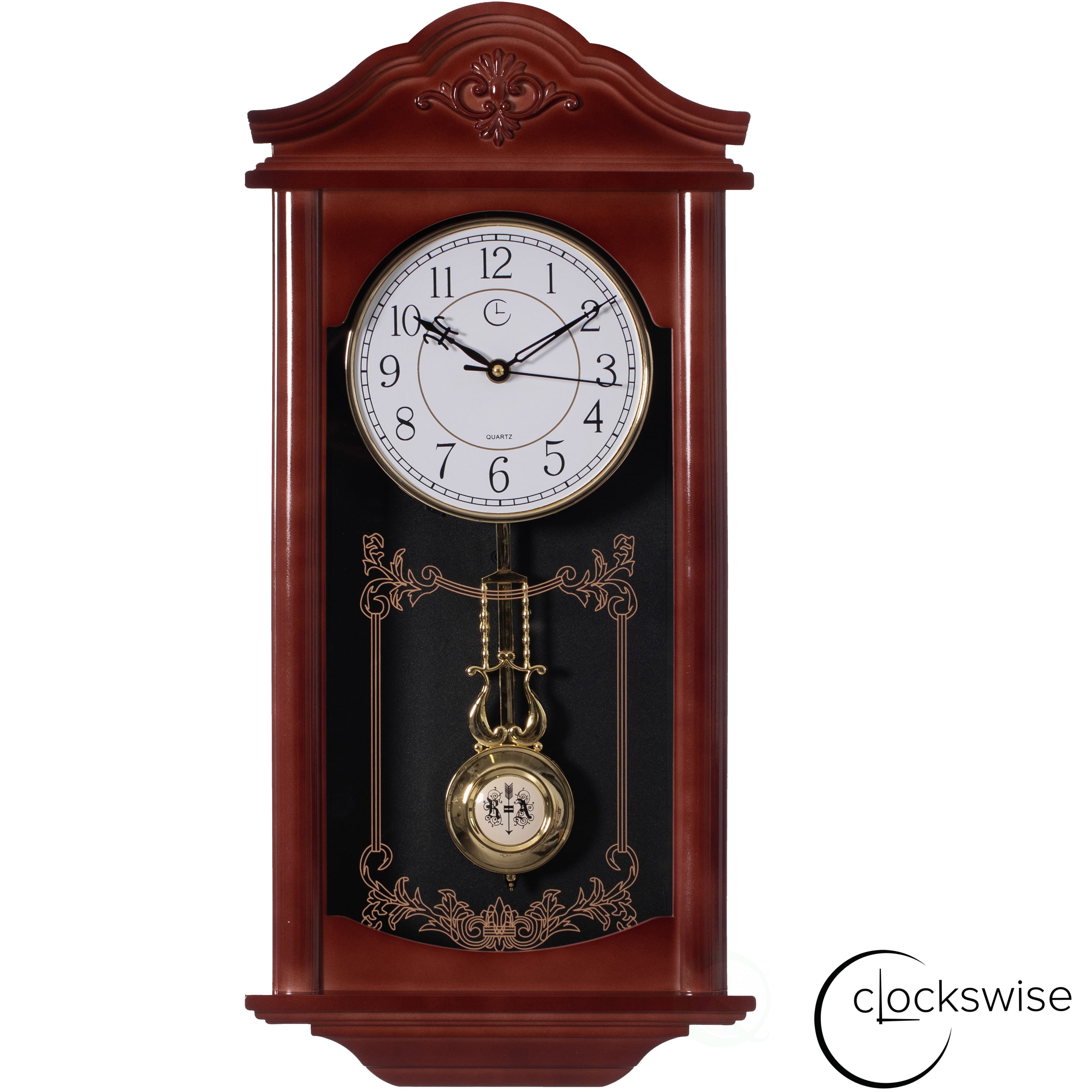 Quickway Imports - Vintage Grandfather Wood- Looking Plastic Pendulum Wall Clock for Living Room, Kitchen, or Dining Room