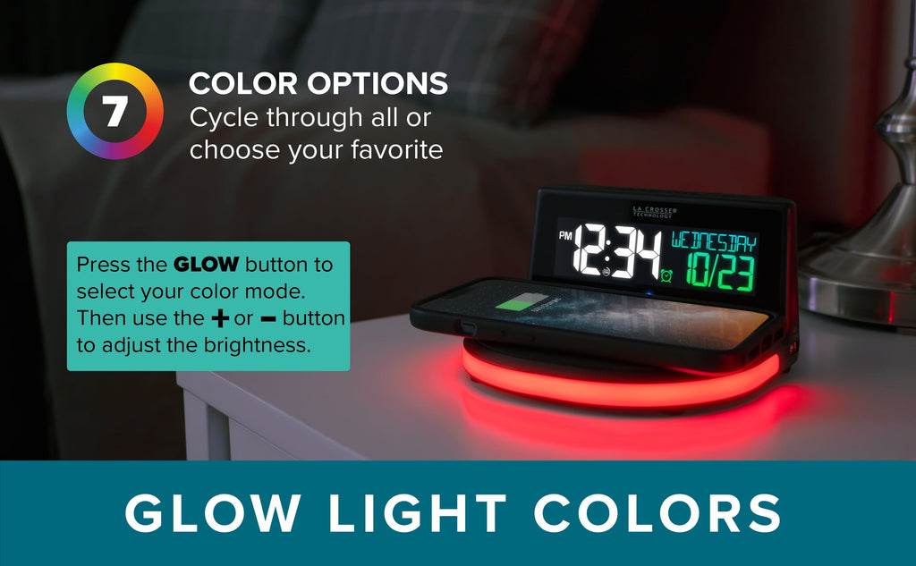 La Crosse Technology 617-148V2 Black Wireless Charging Alarm Clock with Glowing LED Base