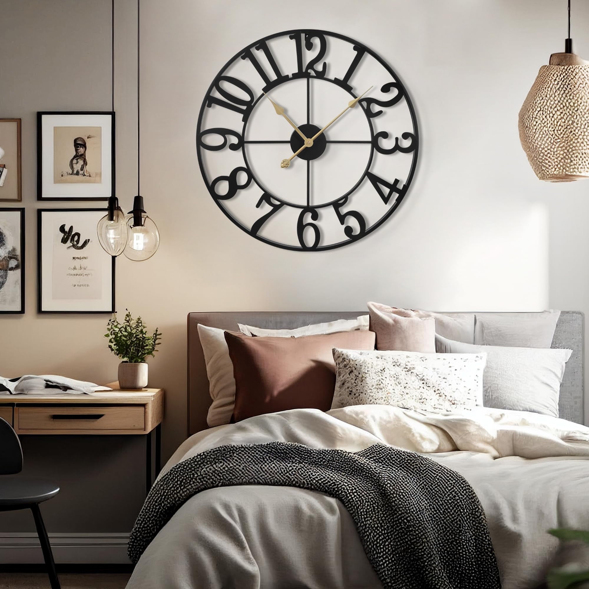 Arsvita  16 Inch Large Wall Clock, Silent Non-Ticking, Battery Operated Metal Clock, Oversized, Decorative Retro Clock for Farmhouse, Dinner and Living Room, Indoor, Outdoor(Black Arabic Number)