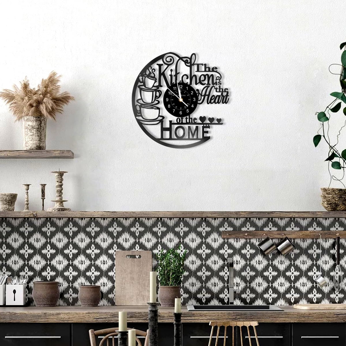 12 Inch Kitchen Vinyl Record Wall Clock, Kitchen Heat Home Theme Wall Clock, Coffee Bar Decor, Coffee Wall Decor for Office Living Room, for Women Wives, Black