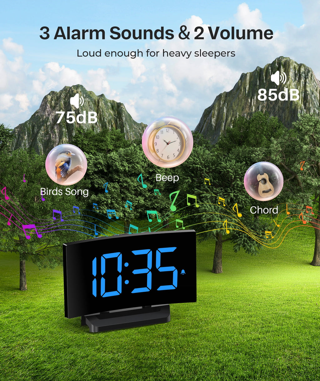Mpow Digital Alarm Clock for Bedrooms, Large Numbers, Easy to Set Digital Clock with Modern Curved Design, 6 Levels Brightness, 3 Alarm Tones & 2 Volume, 9min Snooze, Battery Backup, 12/24H