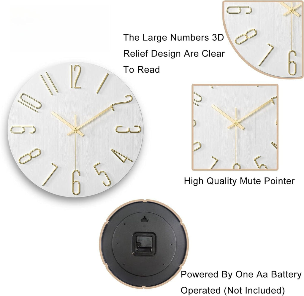 12 Inch Wall Clock Silent Non Ticking, Preciser Modern Style Decor Clock for Home, Office, School, Kitchen, Bedroom, Living Room(White)