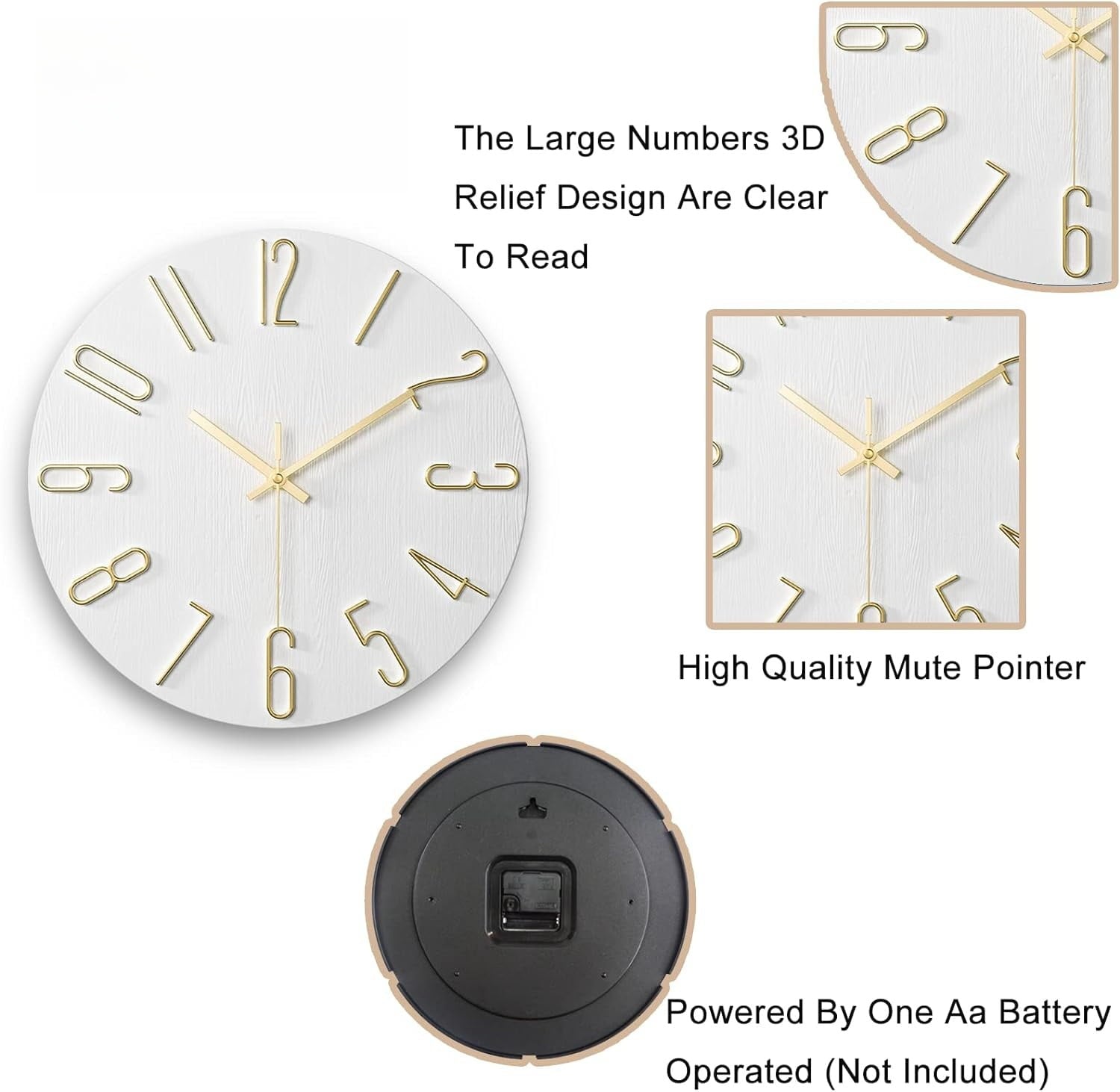 12 Inch Wall Clock Silent Non Ticking, Preciser Modern Style Decor Clock for Home, Office, School, Kitchen, Bedroom, Living Room(White)