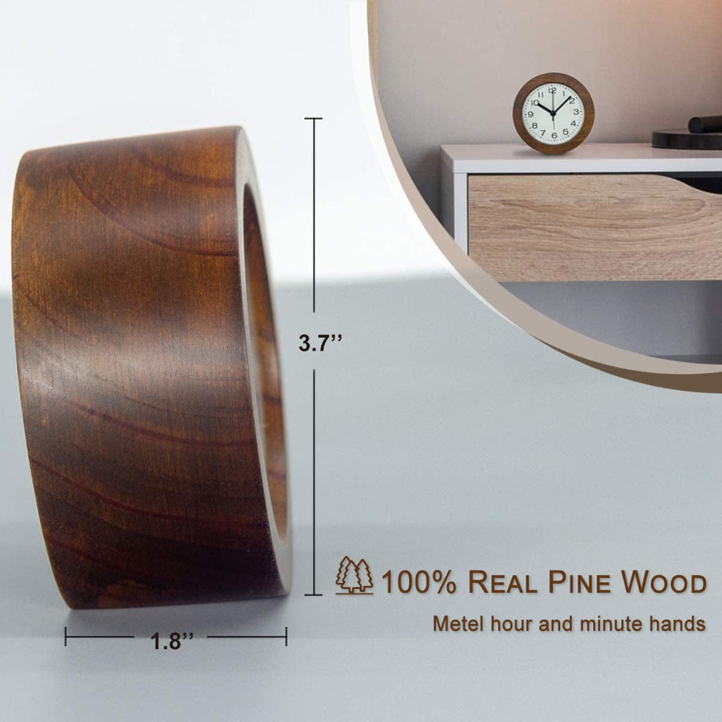 Round Wooden Alarm Clock with Arabic Numerals, Non-Ticking Silent, Backlight, Battery Operated, Nature